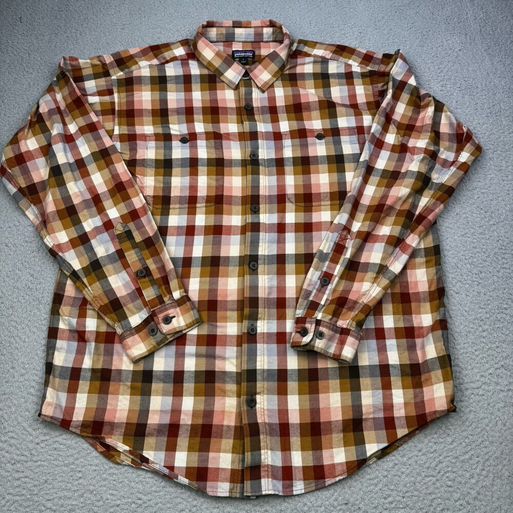 PATAGONIA Shirt Mens Large Orange Brown Plaid Flannel Organic Cotton Button Up